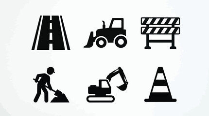 Construction and roadwork icons set: worker, tractor, barriers, bulldozer, caution signs, and heavy machinery in flat design © STM  2.0