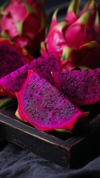 Vibrant sliced dragon fruit on dark wooden tray