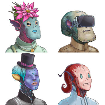 Wacky alien avatar pack of pale multifaceted oracle, spotted reptilian trooper, crystal glowing sorcerer and red tentacled medic cartoon illustration pack