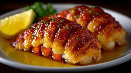 Broiled lobster tail with butter and lemon