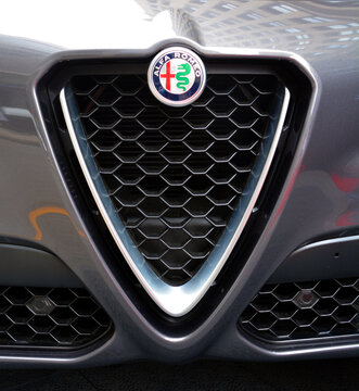 MONTREAL QUEBEC CANADA 06 09 17: Sign of Alfa Romeo Automobiles S.p.A. is an Italian car manufacturer. Founded as A.L.F.A. (Anonima Lombarda Fabbrica Automobili, on June 24, 1910, in Milan