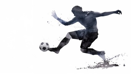 Player kicks a soccer ball on a white background in a dynamic action pose during a sports event