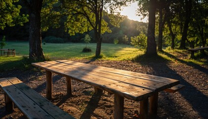 Fototapeta premium Rustic wooden picnic table with attached benches bathed in golden sunlight within a forest clearing. Serene scene ideal for summer, nature, or outdoor lifestyle campaigns.