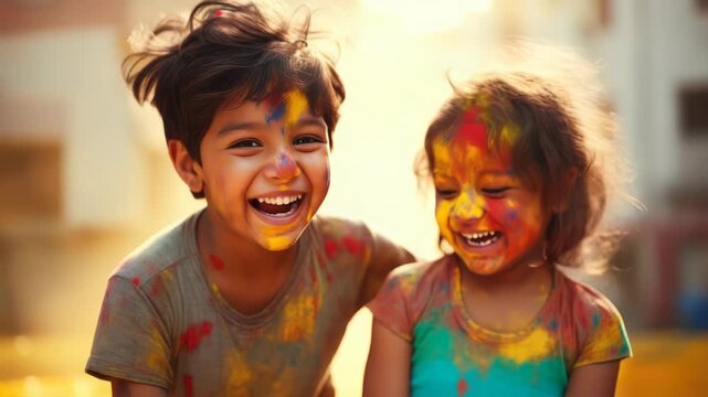 Holi color festival. Two cheerful Indian kids are shouting happily while covered in colorful powders, celebrating a joyful festival together in a lively atmosphere.