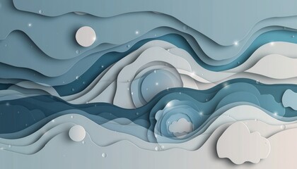 Fototapeta premium Abstract Paper Cut Landscape in Blue Tones with Clouds