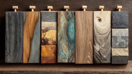 A row of natural-colored laminate and parquet floor samples displayed on oak wood, showcasing various textures and patterns.