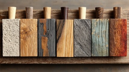 A row of natural-colored laminate and parquet floor samples displayed on a wooden surface, showcasing various textures and finishes.