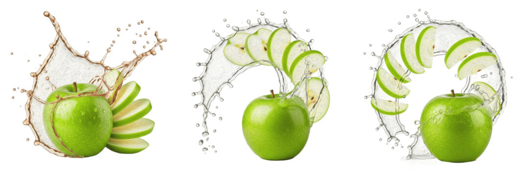 Fresh green apple with apple slices and juice splash explosion isolated on white background, high speed liquid splash photography, green apple juice concept for drinks and packaging, Malus domestica P