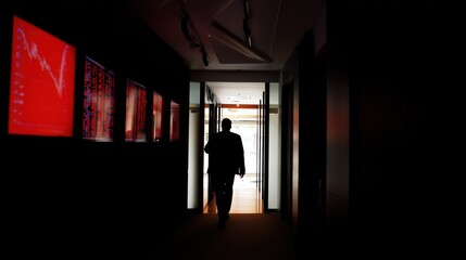 Businessman silhouette walking towards light in dark financial office