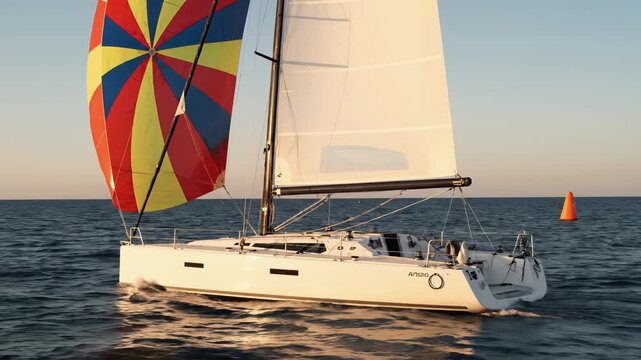 Sailing yacht with colorful spinnaker gliding across calm waters, showcasing vibrant colors and smooth motion, camera follows the vessel in a dynamic sequence