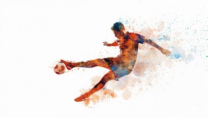 Fototapeta premium Soccer player making a kick while ball flies through the air with colorful splashes in the background