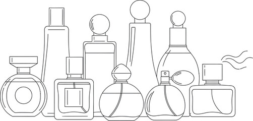 Collection of various elegant perfume bottles showcasing different shapes and styles for cosmetic branding or beauty product design concepts