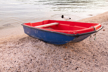 Small blue boat on the pebble beach with a Russian spaniel by the water in Herceg Novi Montenegro