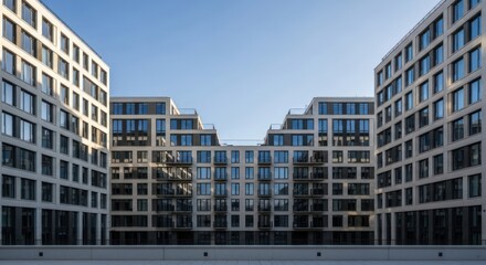 Modern apartment buildings stand in a row under a clear blue sky in an urban area