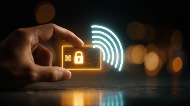 Credit card hand contactless payment security lock icon wireless signal financial technology banking digital transaction protection money