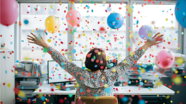 Rear view of a business woman celebrating success at her desk with confetti falling