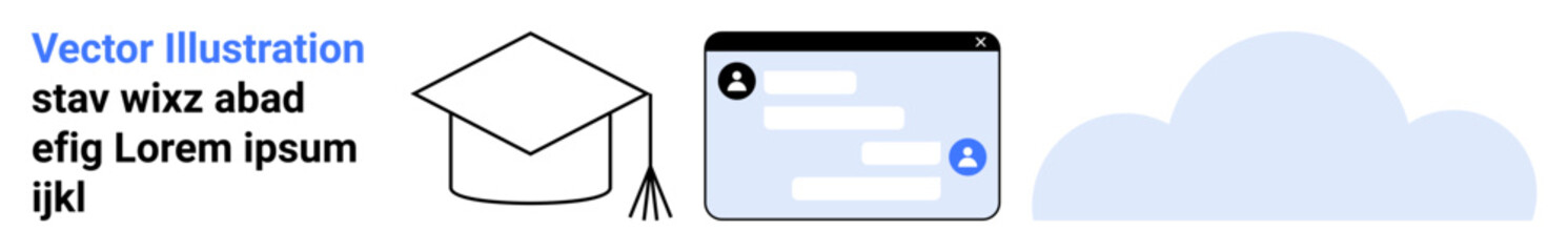 Obraz premium Online education, data storage, digital tools, academic technology, e-learning, cloud services. Image shows a graduation cap, a user interface screen and a cloud. Online education and data storage