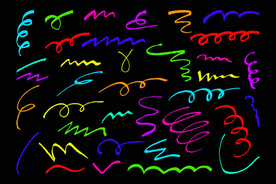 Set multi colored various scribble, doodles Hand drawn pencil curved lines, isolated on black background Colorful charcoal abstract elements Squiggles, marker scribbles, cratches Curvy, wavy stripes