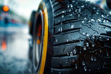 Close-up of wet performance tire with visible water droplets on racetrack surface, illustrating grip, traction, motorsport safety and extreme racing weather conditions
