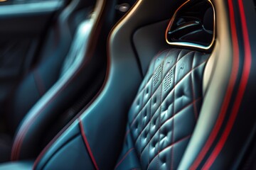 Modern sports car bucket seats with perforated leather, contrast stitching and sculpted racing design, photographed in low light with dramatic reflections to emphasize performance, ergonomics