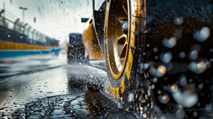 Racing car wheel splashing water on a wet racetrack during a high speed lap, illustrating extreme motorsport conditions, tire grip, performance driving and racing intensity
