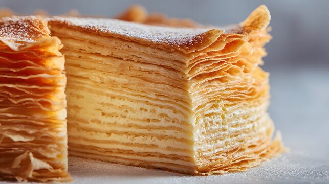 Perfect cross section of mille crepe cake 100 visible layers clean professional stock photo sharp macro photography style cinematic realism ultra photorealistic no text no watermark