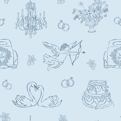Patr&oacute;n rom&aacute;ntico sin costuras con s&iacute;mbolos cl&aacute;sicos del amor en fondo celeste. Dise&ntilde;o elegante y atemporal. Iconos de boda.