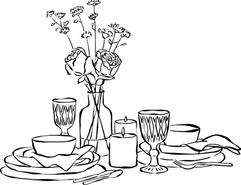 Ilustraci&oacute;n vectorial de mesa de cena con velas, copas  y platos. Dibujo a mano de cena. Ilustraci&oacute;n minimalista. Ilustraci&oacute;n para invitaciones, papeler&iacute;a, imprimibles, redes sociales