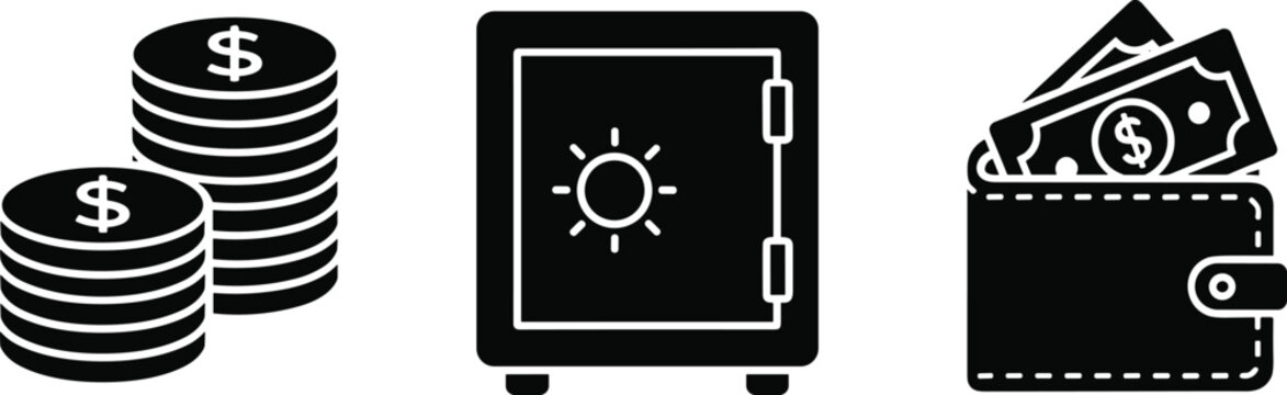 Finance icons collection with coins, safe, and wallet, money savings vector illustration, banking security graphic, personal budget design symbol