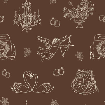 Patr&oacute;n rom&aacute;ntico sin costuras con s&iacute;mbolos cl&aacute;sicos del amor en fondo marr&oacute;n. Dise&ntilde;o elegante y atemporal. Iconos de boda.