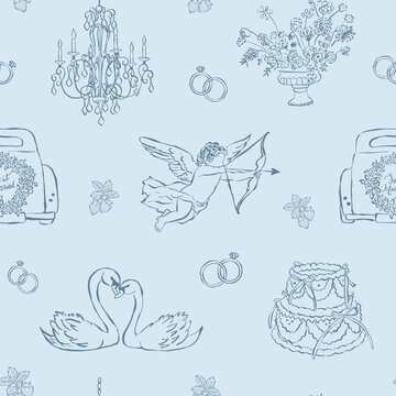 Patr&oacute;n rom&aacute;ntico sin costuras con s&iacute;mbolos cl&aacute;sicos del amor en fondo celeste. Dise&ntilde;o elegante y atemporal. Iconos de boda.