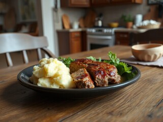 Meatloaf and Mashed Potatoes. A plate of meatloaf served with mashed potatoes and garnish in a home kitchen setting.