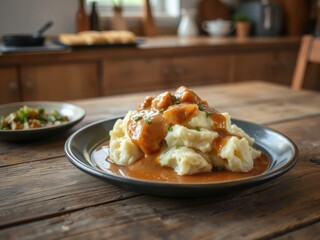 Homemade Chicken and Mashed Potatoes. A plate of chicken with gravy served over mashed potatoes on a wooden table.