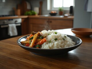 Rice and Vegetables Dish. A bowl of rice served with vegetables is placed on a wooden table in a kitchen.