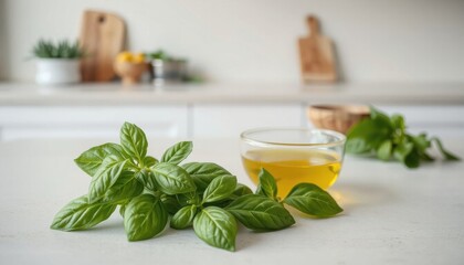 Basil and Olive Oil. A bowl of olive oil with fresh basil leaves on a kitchen countertop.