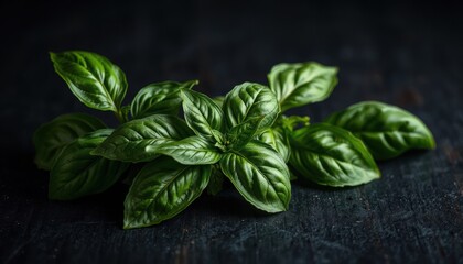 Fresh Basil Leaves. A group of fresh basil leaves on a dark surface.