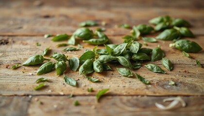 Fresh Basil Leaves on Wood. Scattered fresh basil leaves on a wooden surface.