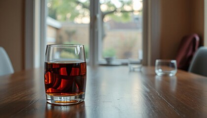 Glass of Dark Liquid. A glass filled with a dark liquid sits on a wooden surface.