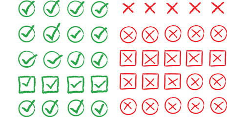 Checkmarks and crosses symbols in green and red on white background