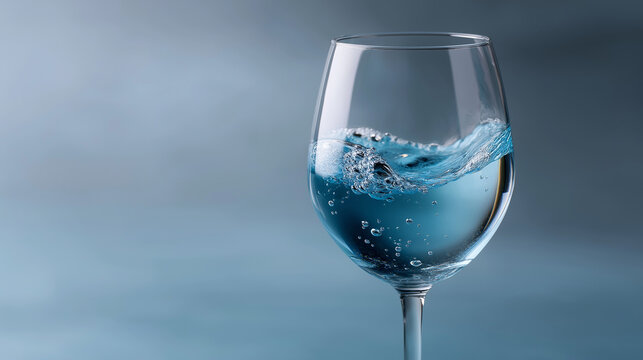 Water splash in wine glass on blue background, elegant motion still life water splash, wine glass, liquid motion, blue background, still life, splash photography, clear glass