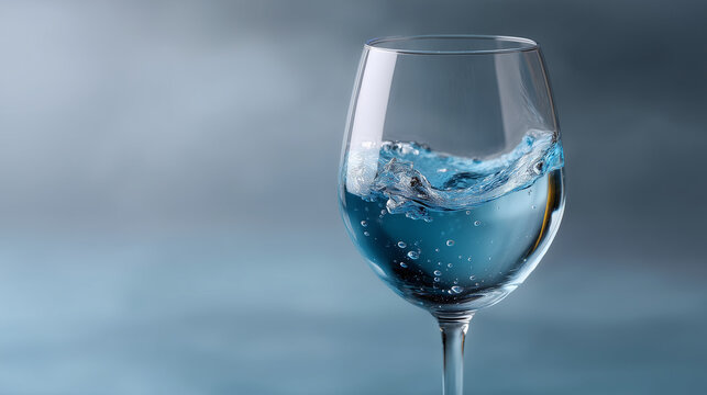 Water splash in wine glass on blue background, elegant motion still life water splash, wine glass, liquid motion, blue background, still life, splash photography, clear glass