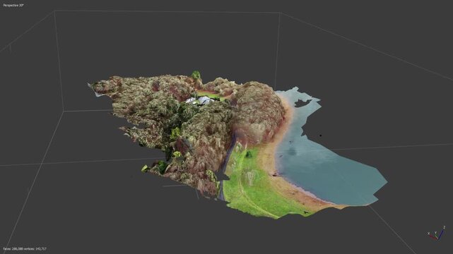 Animation of a photogrammetric model generated from drone images, showing forest contours, roads and paths.