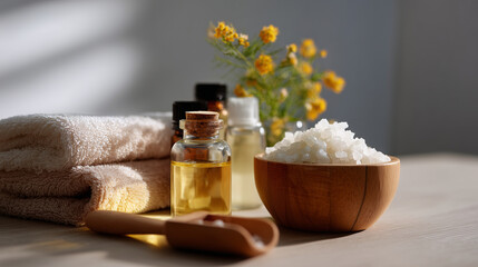 Close-up commercial stock photo of natural skin care products arranged on a light surface, including essential oil bottles, glass jars with salt scrub, wooden scoop, cotton towel a
