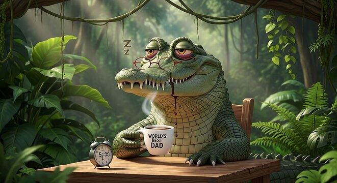 Crocodile Relaxing with Coffee in Jungle.