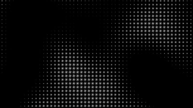 A black halftone background with white grid patterns forming circular shapes on the left and right sides.