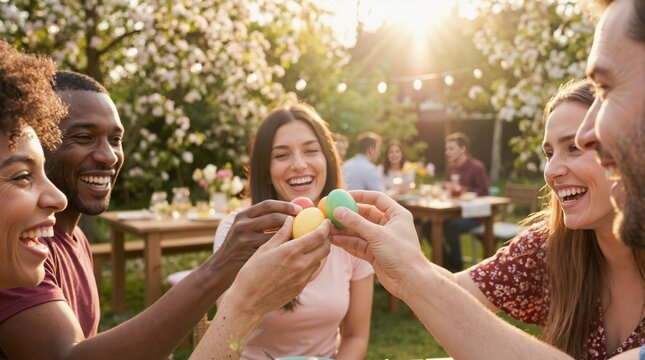 Diverse group of happy friends toasting with colorful Easter eggs at garden party. Multiethnic people celebrating spring outdoors