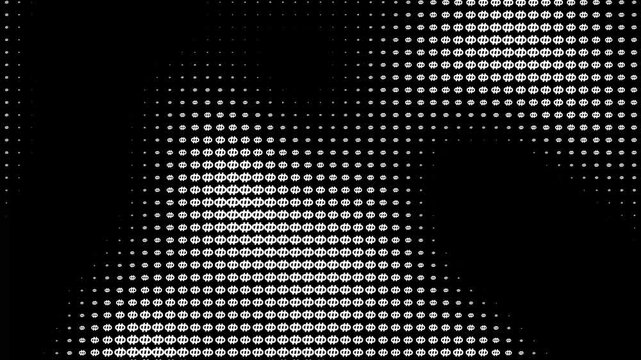 A black halftone background with white dots forming the shape of two skulls.