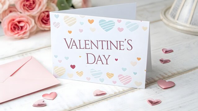 Valentine's Day Greeting Card: An eye-level shot captures a romantic Valentine's Day greeting card surrounded by roses and envelope. conveying love and affection in a simple moment.