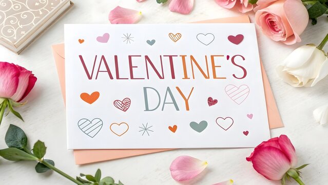 Valentine's Day Greeting with Roses: A romantic scene features a Valentine's Day greeting card, adorned with hearts, nestled amongst roses and petals, evoking feelings of love and affection.