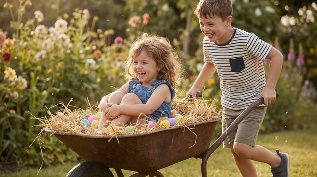 Children playing with wheelbarrow full of colorful Easter eggs in garden. Laughing boy pushing girl in hay. Spring holiday and childhood fun concept